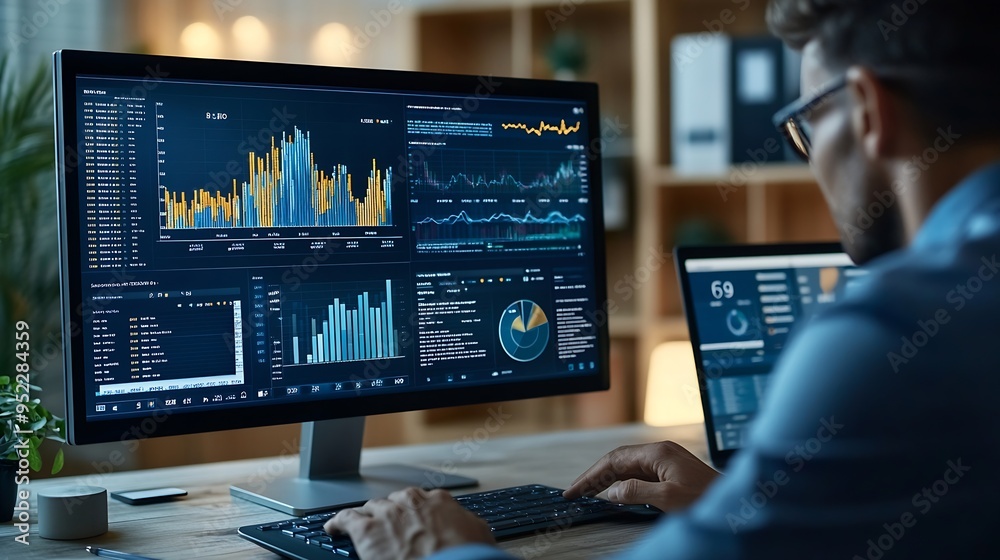 Poster Analyst working in Business Analytics and Data Management System to make report with KPI and metrics connected to database Corporate strategy for finance operations sales marketing : Generative AI