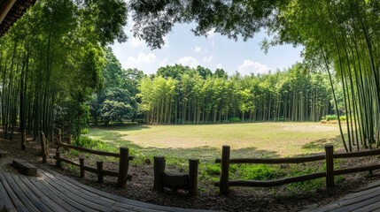 A panoramic view of the Chengdu Panda Base with bamboo groves. No people, copy space.