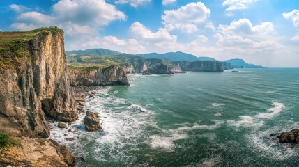 Obraz premium A panoramic view of the Chinese coastline with cliffs and crashing waves. No people, copy space.