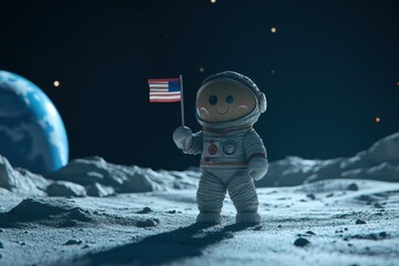 A kid toy astronaut in a space suit holding a flag at the moon, children dream of being a cosmonaut