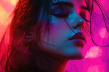 Fototapeta premium Close-up Portrait of a Woman with Eyes Closed, Illuminated by Neon Lights
