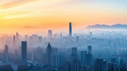 Fototapeta premium A panoramic view of the Chinese skyline at sunrise with mountains in the distance. No people, copy space.