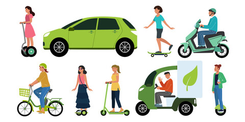 Electric transport. Ecological car. Person on motorcycle or bike. Green technology. Eco skateboard. Street scooter. Woman drives motorbike. City traffic. Man on gyroscooter. Vector urban vehicles set © Natalia