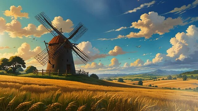 Traditional windmill in wheat field, in anime or cartoon style. Seamless looping 4k video animation
