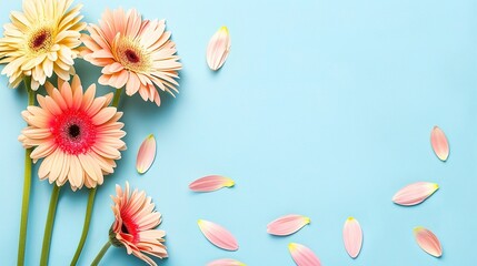 High-Resolution Stock Photo: Gerbera Daisies on Pastel Blue Background with Copy Space, Flat Lay Top View, Mockup Design Template