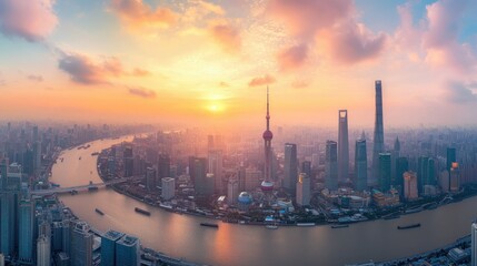 Naklejka premium A panoramic view of the Shanghai skyline at sunset. No people, cityscape with copy space.