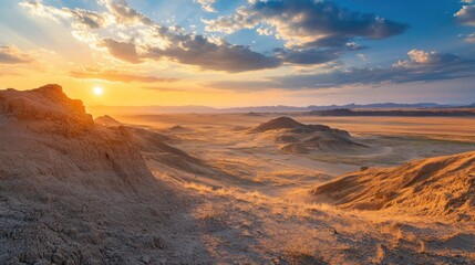 A panoramic view of the Silk Road desert landscape at sunset. No people, copy space.
