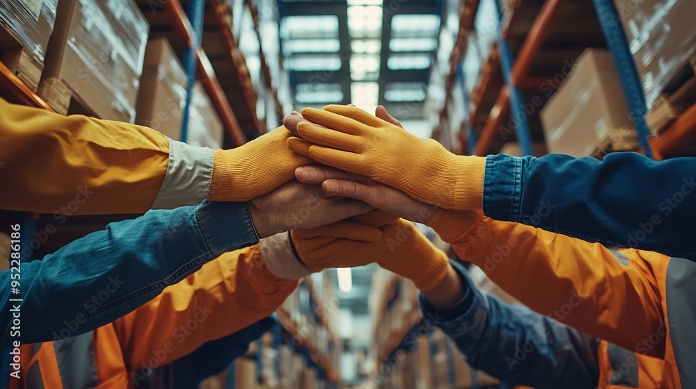 Fototapete Close up view of warehouse workers putting their hands together Stack of hands Unity and teamwork : Generative AI