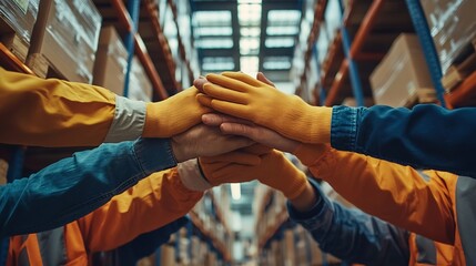 Close up view of warehouse workers putting their hands together Stack of hands Unity and teamwork : Generative AI