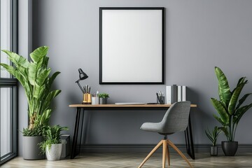 A modern workspace featuring a desk, chair, and plants against a gray wall.