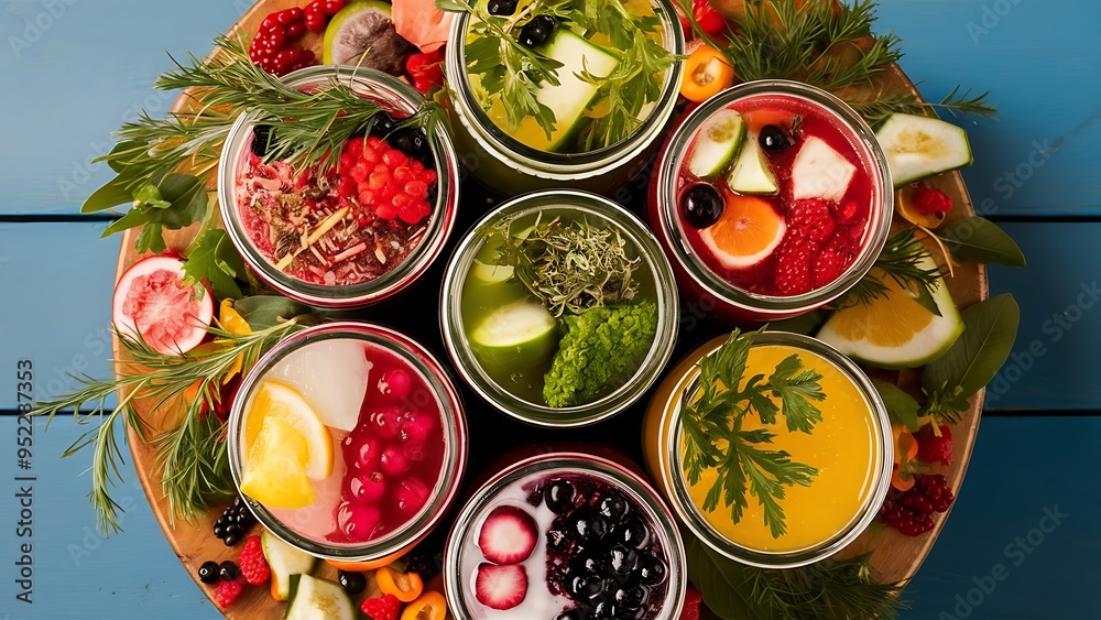 Wall mural top view of detox drinks in jars with fruits, vegetables, herbs, berries and greenery near fruit ing