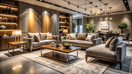 Sophisticated space showcases opulent sofas, armchairs, and coffee tables in a modern setting, with muted colors and warm lighting creating a luxurious atmosphere inviting indulgence.