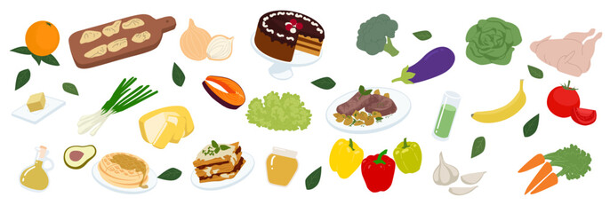 Dish food. Meal restaurant graphic. Meat steak. Oil bottle. Tasty salmon fish. Delicious cake. Salad plate. Vegetable ingredients. Cheese and butter. Culinary flat drawing. Vector cooking products set