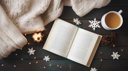Fototapeta premium Winter Reading Nook With Warm Blanket Hot Tea And Snowflake Decor