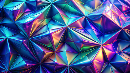 Polygonal and Holographic Background with Fluid Lines and Curves in Purple, Blue, and Green with Copy Space, Iridescent geometric texture, colorful, with reflective triangular facets