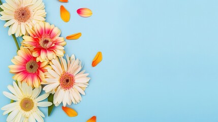 High-Resolution Stock Photo: Gerbera Daisies on Pastel Blue Background with Copy Space, Flat Lay Top View, Mockup Design Template