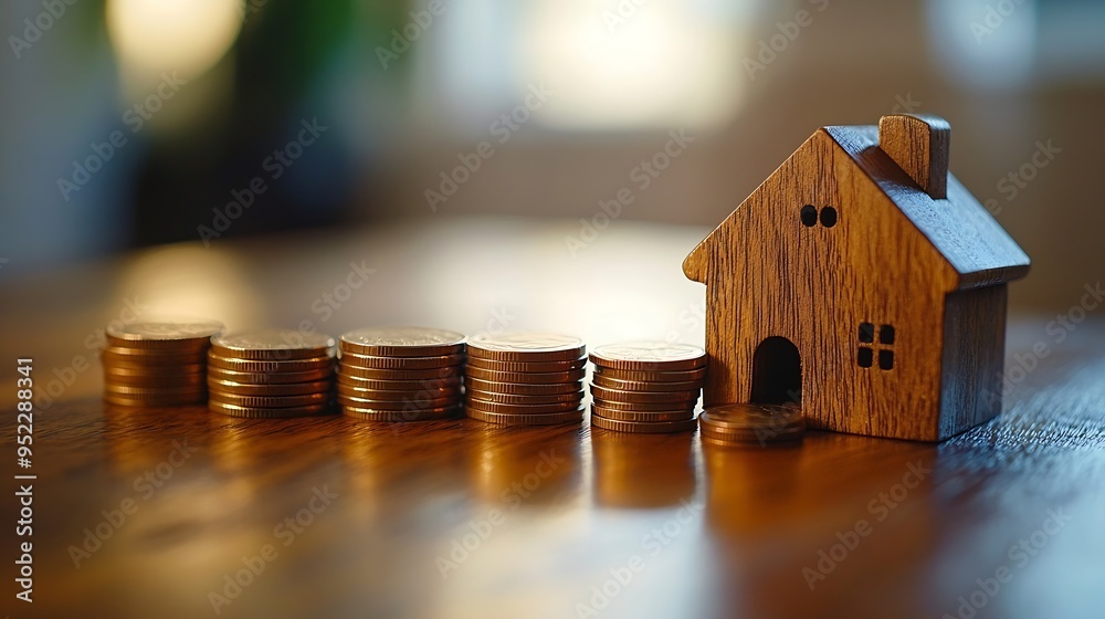 Aufkleber Wood house and row of coin money on wood table and  selective focus Planning to buy property Choose whats the best A symbol for construction ecology loan concepts : Generative AI