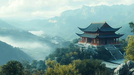 Fototapeta premium A serene view of a Chinese temple nestled in a mountain valley. No people, copy space.