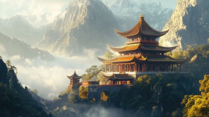 Obraz premium A serene view of a Chinese temple nestled in a mountain valley. No people, copy space.