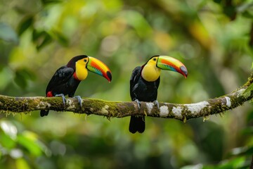 Obraz premium Two toucans on a branch in a lush green forest