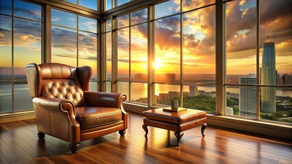 The elegant leather armchair is set against a serene backdrop of floor-to-ceiling windows, with gentle golden light illuminating the intricate stitching and rich wood grain.