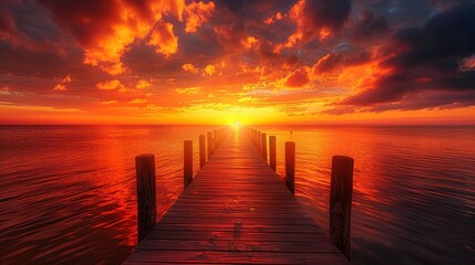 Obraz premium A pier on the bay coast under a fiery red-orange sunset