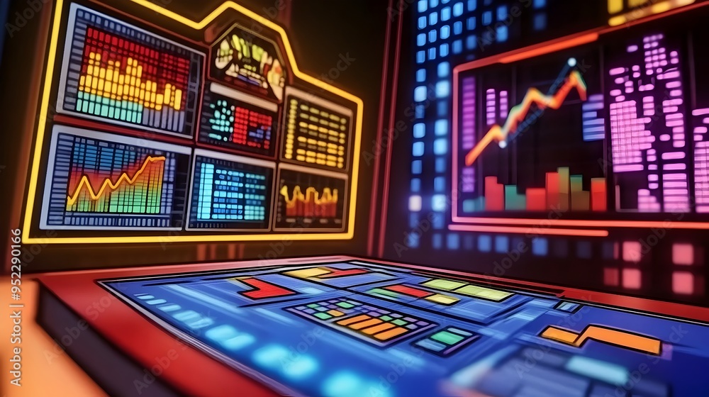 Wall mural futuristic digital financial data dashboard with colorful charts and graphs