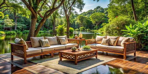 Towering trees filter warm sunlight, casting dappled shadows on exquisitely crafted wooden furniture, paired with plush cushions in calming earthy tones, echoing serenity.