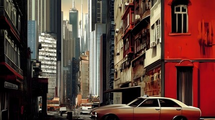 Obraz premium Bustling City Skyline with Modern Skyscrapers and Busy Downtown Traffic