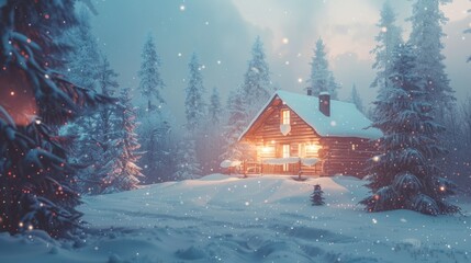 A snowy desert chalet covered in snow creates a festive Christmas atmosphere, where the warm light inside the cottage contrasts with the winter frost around