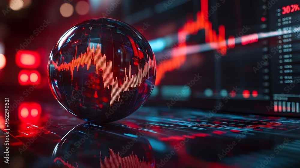 Poster Reflection of graph and financial numbers on glass globe : Generative AI