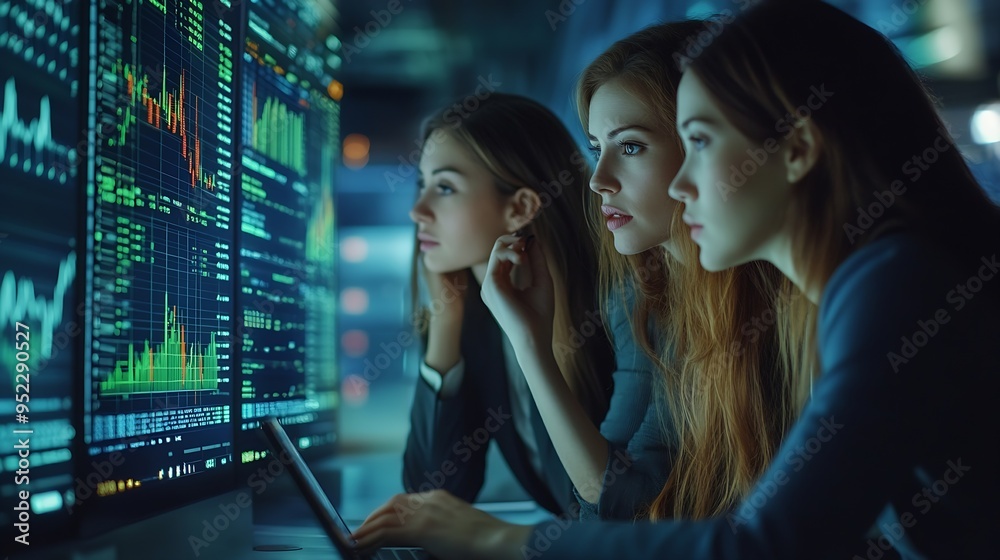 Poster businesswomen analyze chart data business on a visual screen dashboard laptop technology devices and