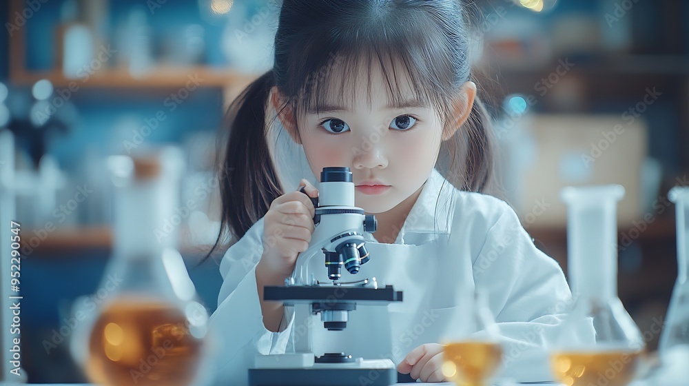 Leinwandbilder portrait asian little female kid in scientist uniform trying to use a microscope doing a chemistry lab experiment in science classconcept education science class workshop : Generative AI