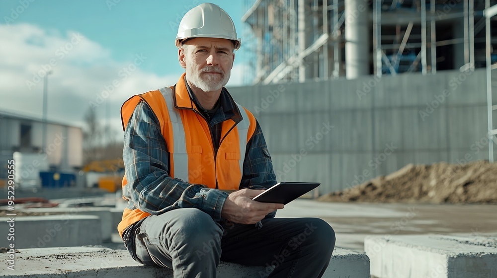 Poster wind turbine service engineer sit on concrete foundation check tablet plan for maintenance turbine :