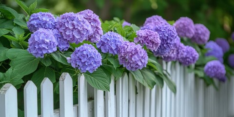 Fototapeta premium White picket fence with blooming hydrangeas in a cottage garden