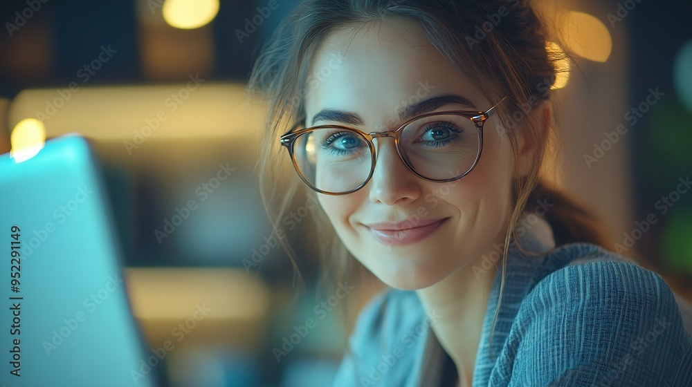 Poster a professional businesswoman with glasses smiles while working at her office desk using a laptop and