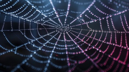 Obraz premium Mystical spider web with dew drops, suitable for Halloween celebrations. Shining drops of water on thin threads of the web create the effect of a terrifying and magical decor