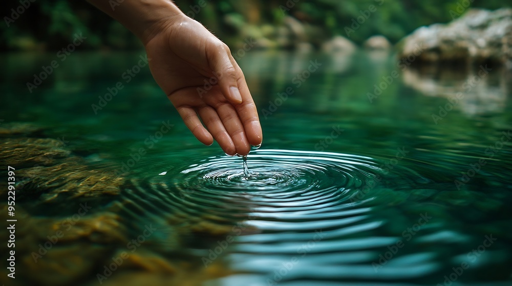 Fototapete hand is dipping into a body of water creating ripples in the water the scene is peaceful and calming