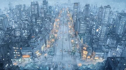 Majestic Cityscape with Skyscrapers Traffic Lights and Snowy Nighttime Scenery