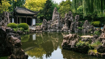 Fototapeta premium A traditional Chinese garden with a pond and rock formations. No people, copy space.