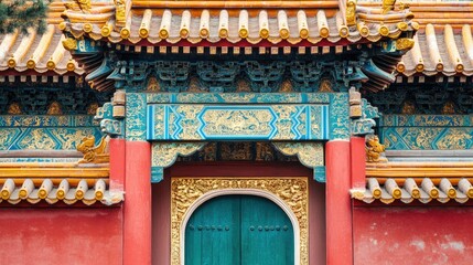 Fototapeta premium A traditional Chinese gate with ornate designs and vibrant colors. No people, copy space.
