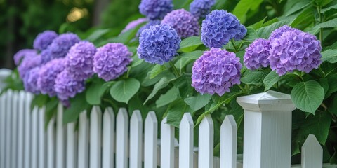 Obraz premium White picket fence with blooming hydrangeas in a cottage garden