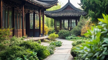 Fototapeta premium A traditional Chinese herb garden with various medicinal plants. No people, copy space.