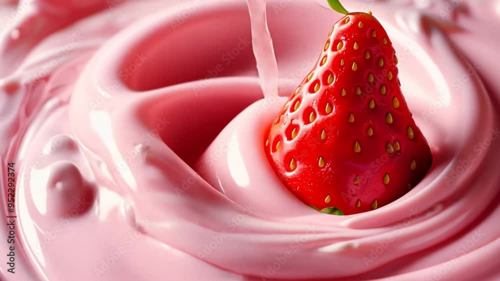 Poster a strawberry is floating in a pink swirl of ice cream. the strawberry is surrounded by a pink wave o