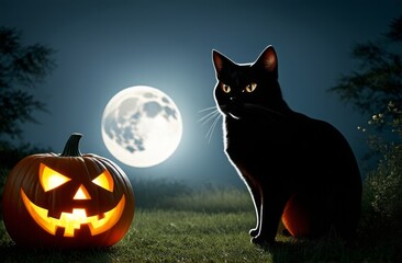 Halloween pumpkin and black cat against the backdrop of the full moon. Night