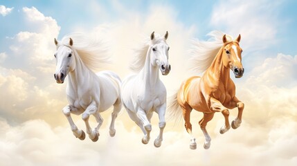 Naklejka premium Majestic trio of horses running freely against a cloudy sky, showcasing freedom, beauty, and strength in nature.