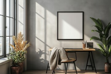 A modern workspace with a desk, chair, plants, and natural light.