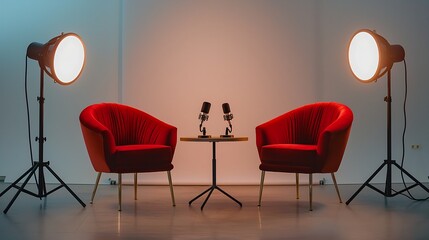 Two red chairs with microphones and lights on tripods, ready for an interview or podcast.