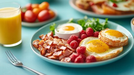 Plates of tasty English breakfast with coffee and juice on blue background : Generative AI