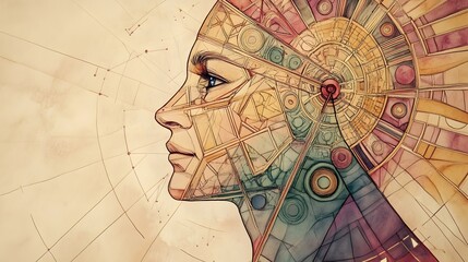 Mystical Face with Ornate Cosmic Patterns and Tribal Mandala Elements